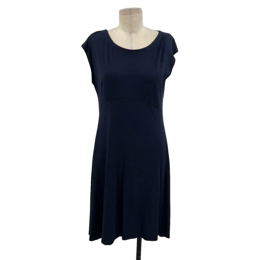 Eileen Fisher Viscose Jersey Knit Dress Navy Blue Cap Sleeve Size Small